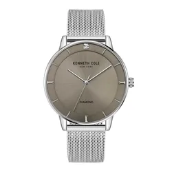 A Kenneth Cole New York watch featuring a metallic mesh band, minimalist design, and diamond detail on the dial.