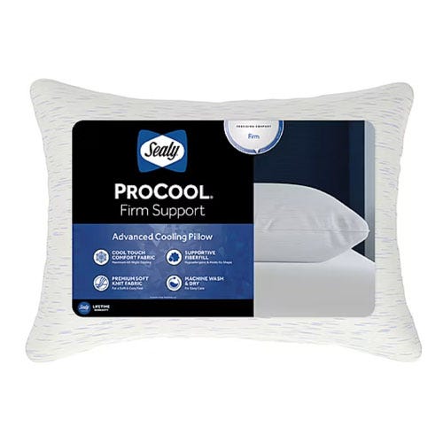 Sealy PROCool Firm Support Advanced Cooling Pillow with cool touch comfort fabric, premium soft knit fabric, and machine washable features.