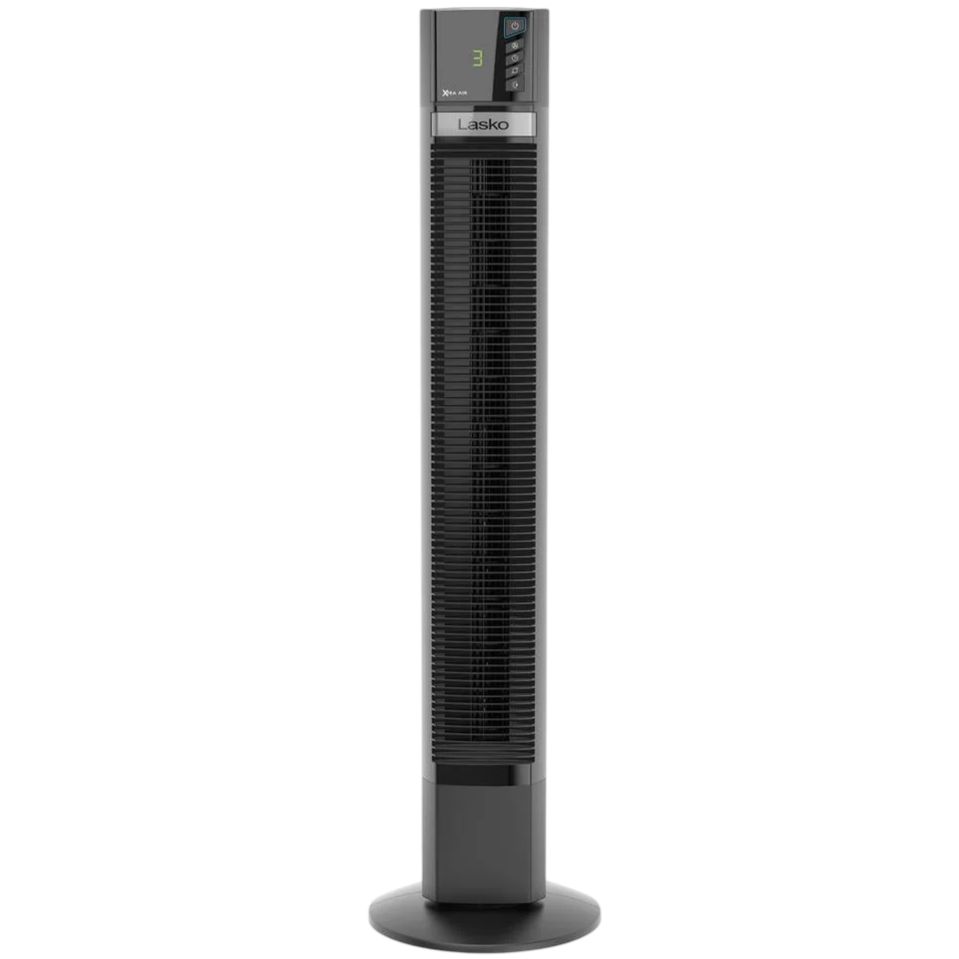 A tall, black Lasko tower fan with an LED display and control buttons on top.