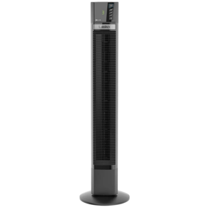 A tall, black Lasko tower fan with an LED display and control buttons on top.
