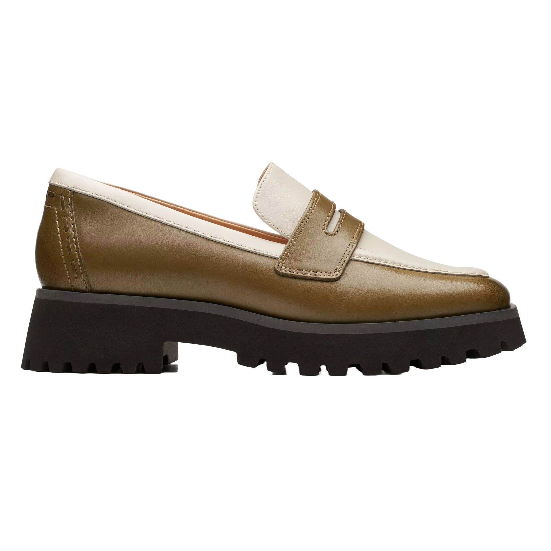 The Clarks Stayso Edge shoes are stylish loafers featuring an olive green body with white accents and a distinctive black chunky lug sole, offering a blend of elegance and ruggedness.