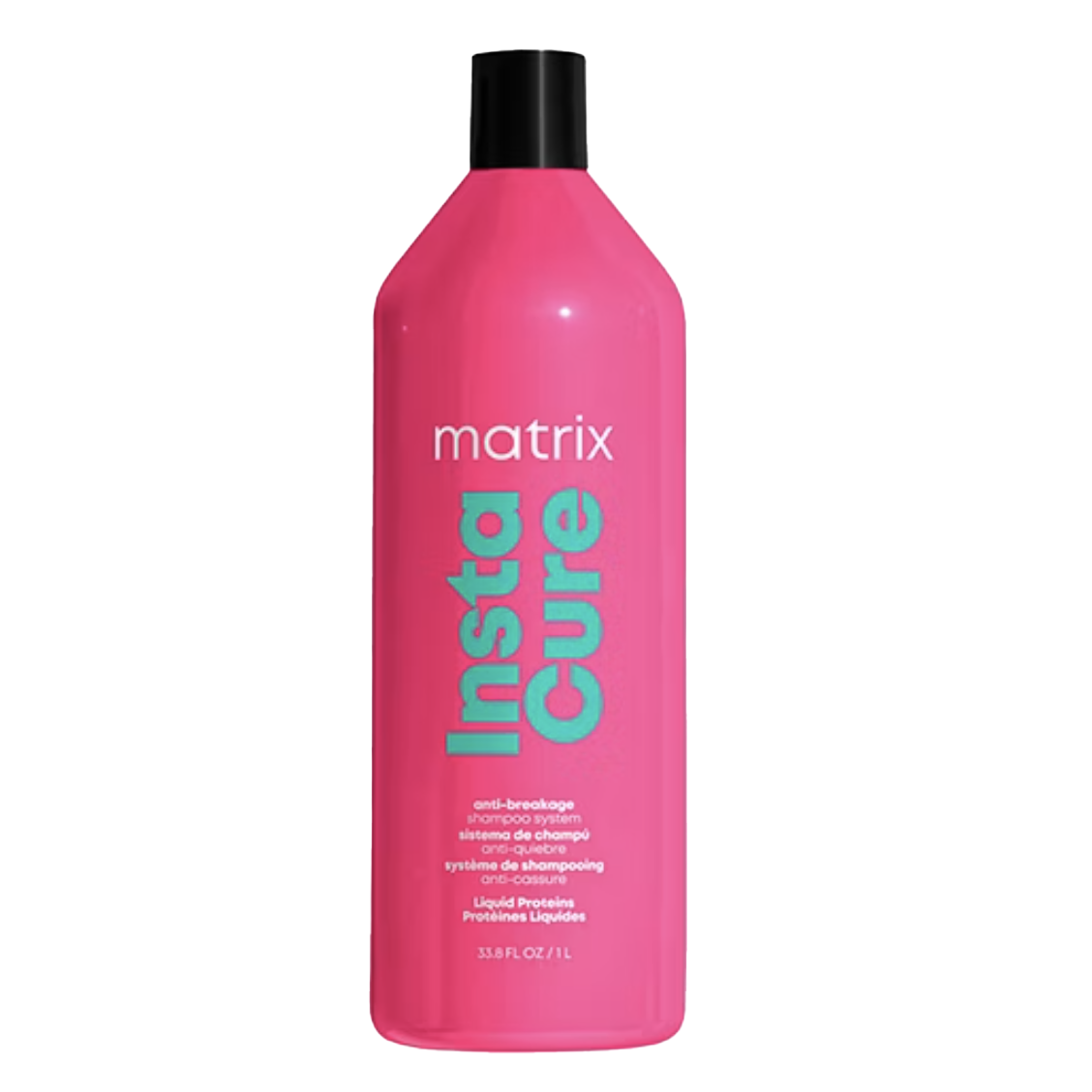 Matrix InstaCure Anti-Breakage Shampoo, 33.8 fl oz (1 L), is designed to strengthen hair with liquid proteins, reducing breakage. Comes in a vibrant pink bottle.