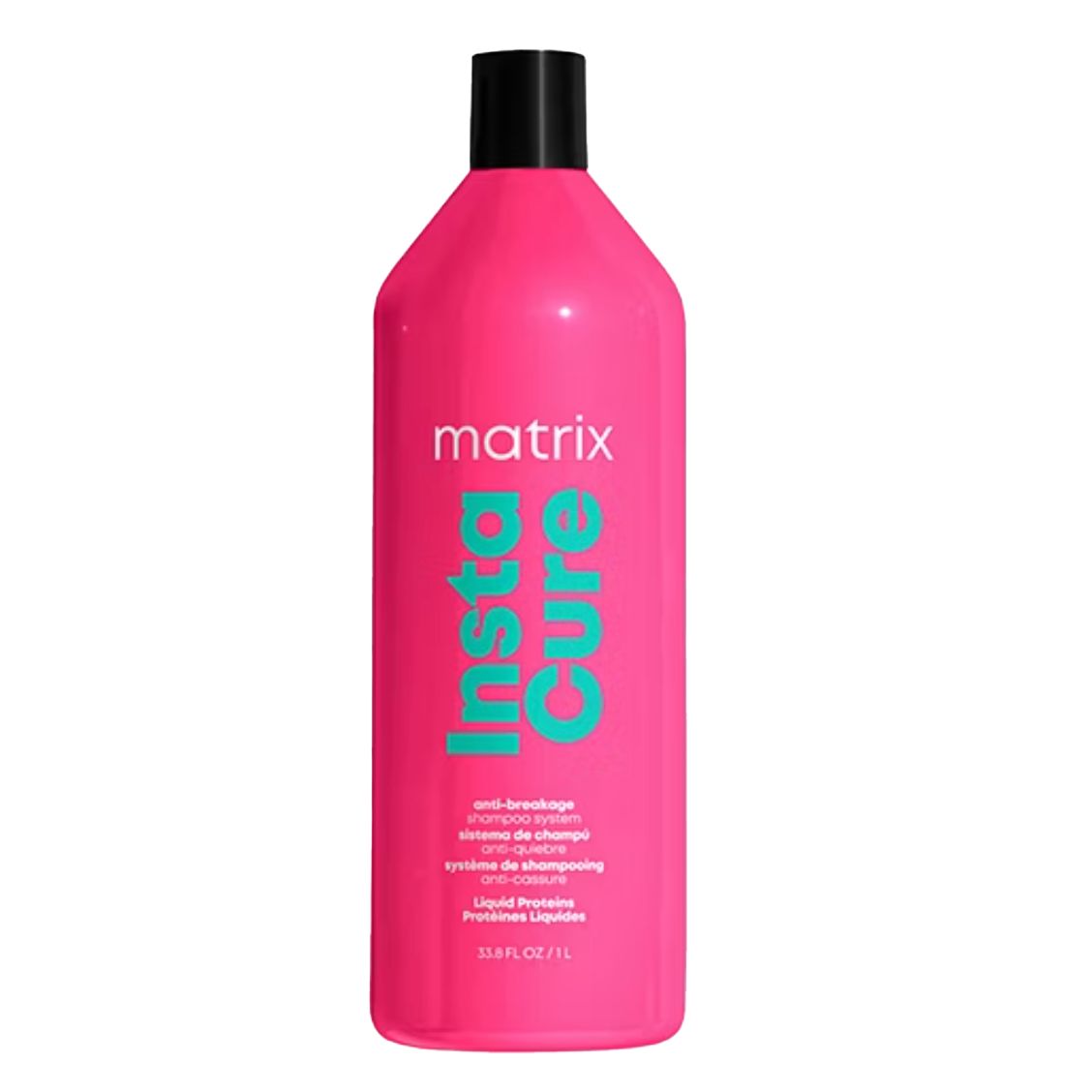 Matrix InstaCure Anti-Breakage Shampoo, 33.8 fl oz (1 L), is designed to strengthen hair with liquid proteins, reducing breakage. Comes in a vibrant pink bottle.