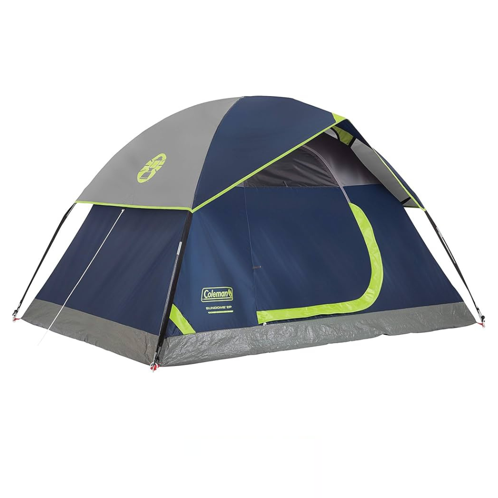 A blue and gray dome-style camping tent with lime green accents, featuring the Coleman logo.