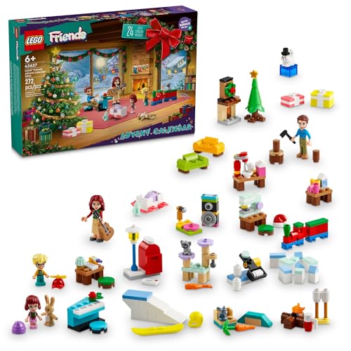 A LEGO Friends Advent Calendar displaying a Christmas-themed set with multiple buildable mini-models and two mini-doll figures. The set features holiday decorations, gifts, and wintertime accessories.