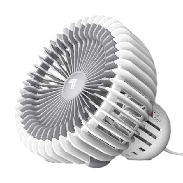A white and gray portable fan with a circular design features tightly packed blades and an adjustable stand, suitable for personal cooling.