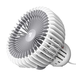 A white and gray portable fan with a circular design features tightly packed blades and an adjustable stand, suitable for personal cooling.
