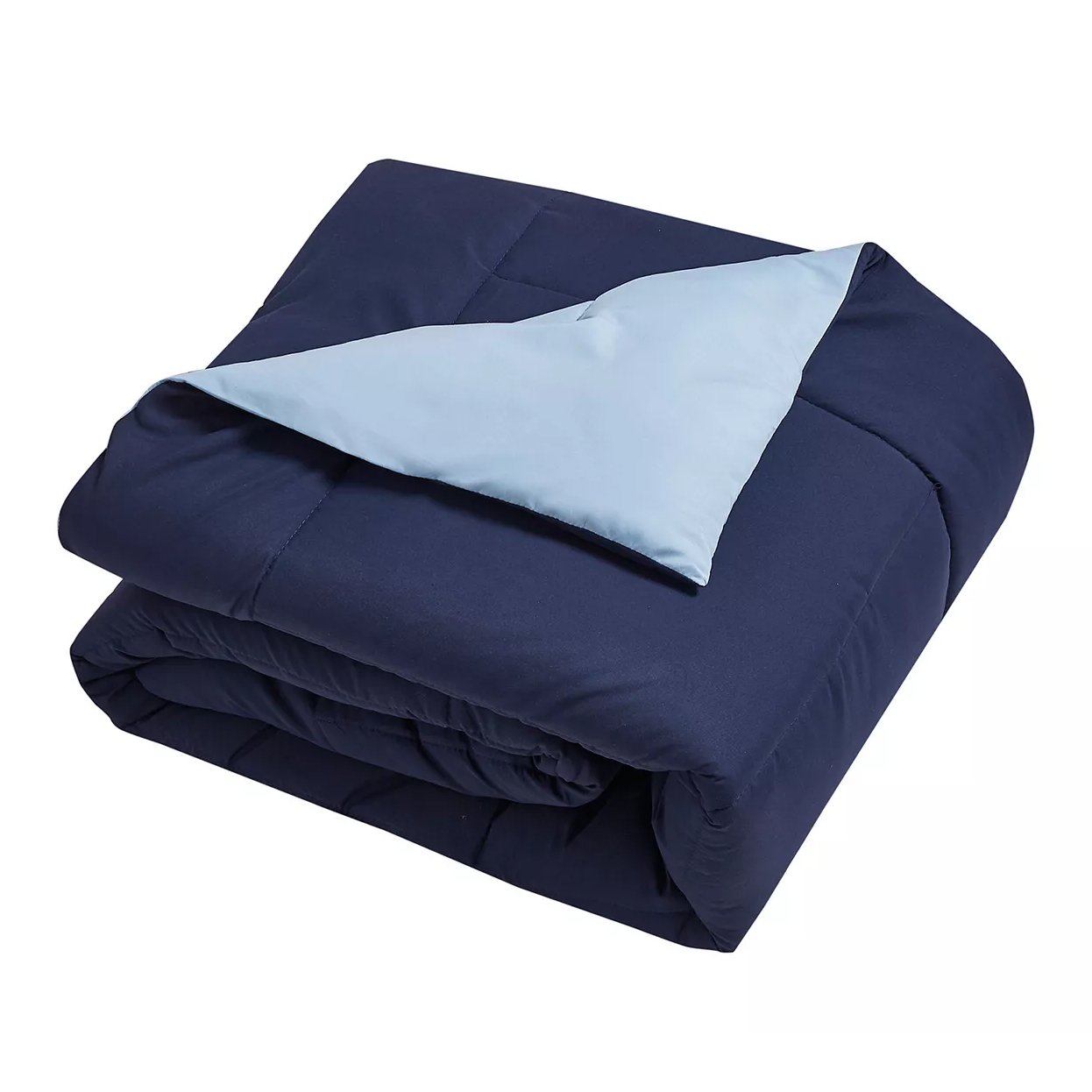A reversible navy and light blue comforter, neatly folded.