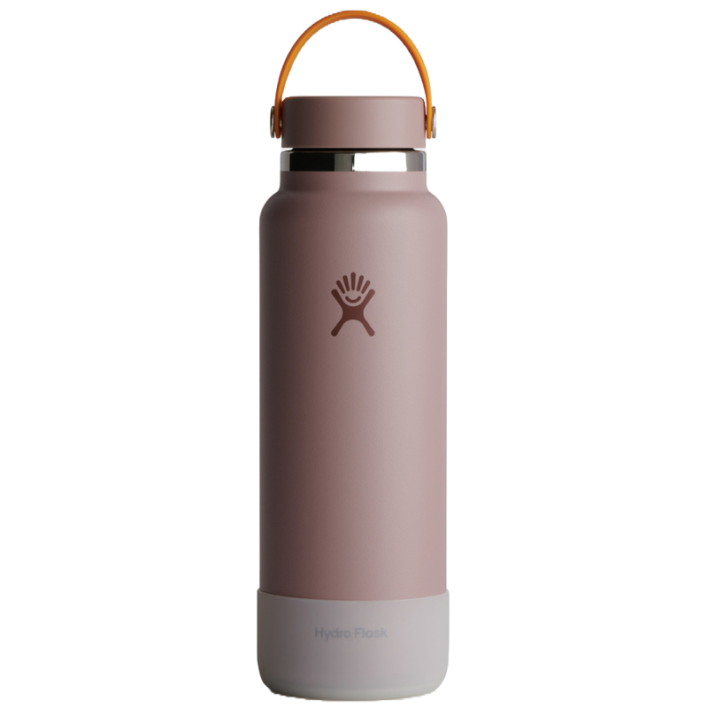 A mauve Hydro Flask bottle with an orange handle and a white bottom rim, featuring the Hydro Flask logo.