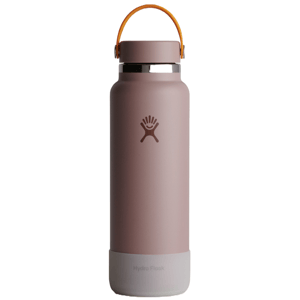 A mauve Hydro Flask bottle with an orange handle and a white bottom rim, featuring the Hydro Flask logo.