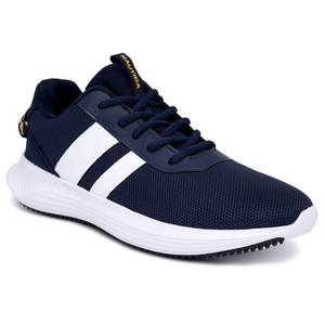 Nautica Mesh Sneakers in navy blue feature a breathable mesh upper with distinct white stripes on the side, navy laces, and a white cushioned sole for comfort.