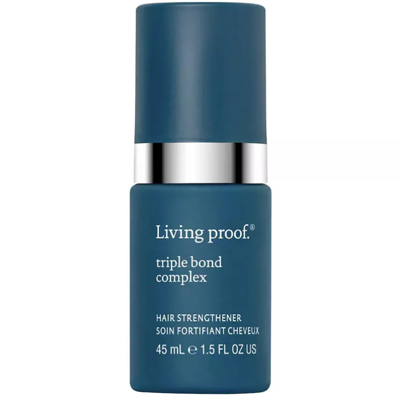 Living Proof Triple Bond Complex is a leave-in hair treatment designed to strengthen hair. It comes in a 45 mL (1.5 fl oz) bottle.