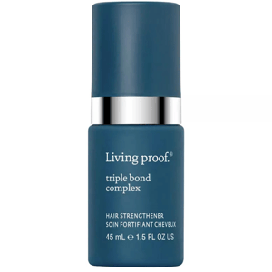 Living Proof Triple Bond Complex is a leave-in hair treatment designed to strengthen hair. It comes in a 45 mL (1.5 fl oz) bottle.