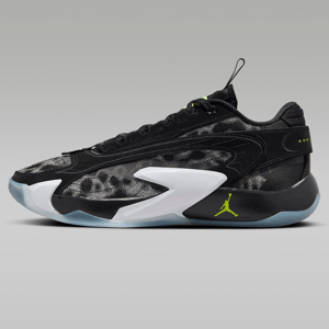 A pair of black and white basketball sneakers with a Jumpman logo.