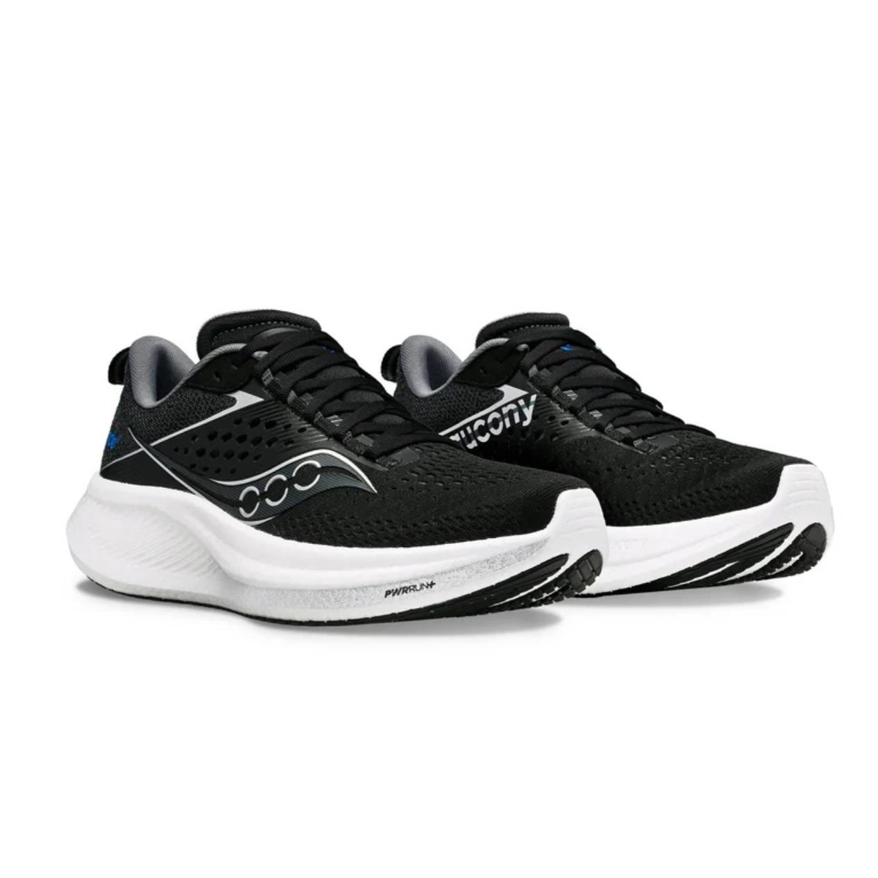Men's Saucony Ride 17 Shoes in black with a streamlined design, featuring a breathable mesh upper, cushioned white midsole, and durable outsole for enhanced comfort and traction.