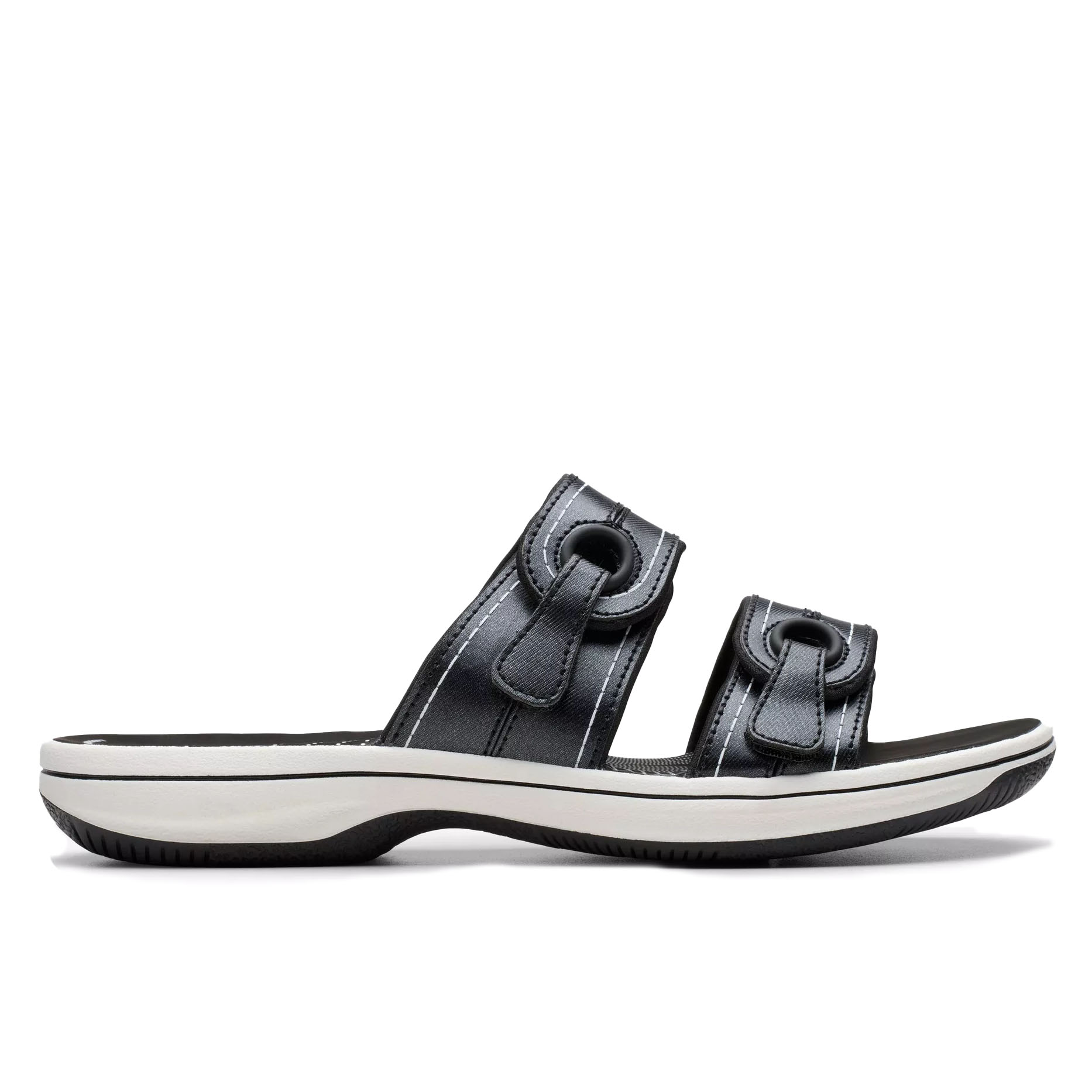 Black sandal with two adjustable straps and a white cushioned sole.