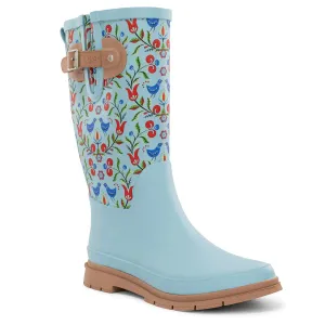 Light blue rain boots with a colorful floral and bird pattern. They feature a buckle strap at the top and a sturdy brown sole.