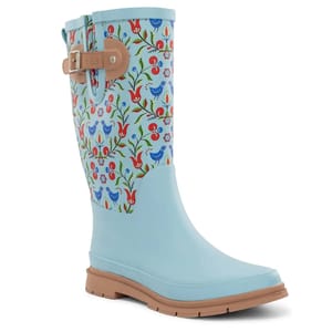 Light blue rain boots with a colorful floral and bird pattern. They feature a buckle strap at the top and a sturdy brown sole.