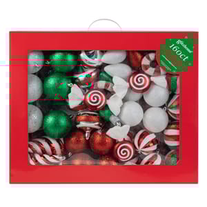 The Glitzhome 160ct Shatterproof Ornaments set includes a variety of red, green, and white holiday-themed ornaments. The assortment features balls and candy-shaped designs with glitter and striped patterns, packaged in a red box.