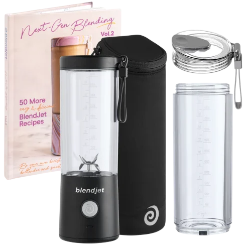 A portable blender set including a BlendJet blender, extra jar, travel sleeve, recipe book (Next-Gen Blending Vol. 2), and a lid with a strap.