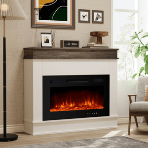 A modern electric fireplace with a wooden mantel and digital clock, surrounded by framed artwork and decor, sits in a cozy living room.