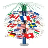A centerpiece decoration featuring a colorful spray design with various international flags, including the USA, France, UK, and others.