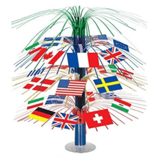 A centerpiece decoration featuring a colorful spray design with various international flags, including the USA, France, UK, and others.