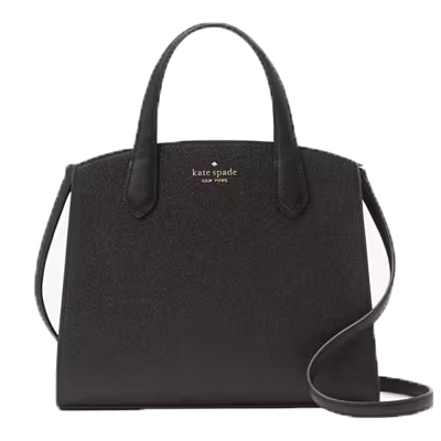 A black Kate Spade tote bag with top handles and a removable shoulder strap.