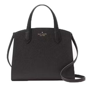 A black Kate Spade tote bag with top handles and a removable shoulder strap.