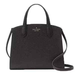 A black Kate Spade tote bag with top handles and a removable shoulder strap.