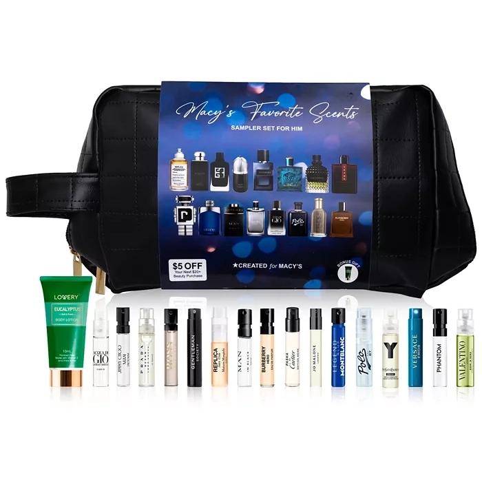 A Macy's cologne sampler set for men, featuring multiple fragrance vials with a toiletry bag.