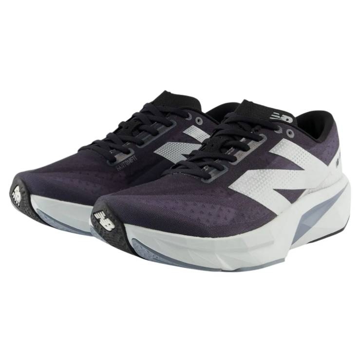 A pair of New Balance running shoes featuring a black upper with white detailing, black laces, and a thick, cushioned white sole.