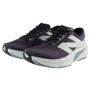 A pair of New Balance running shoes featuring a black upper with white detailing, black laces, and a thick, cushioned white sole.