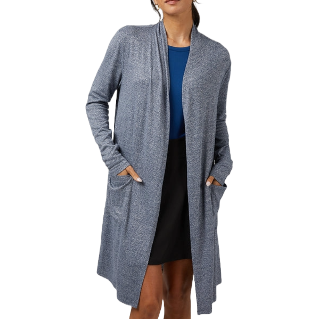 A light blue, knee-length wrap with long sleeves and an open front, featuring a soft, comfortable texture and two front pockets.