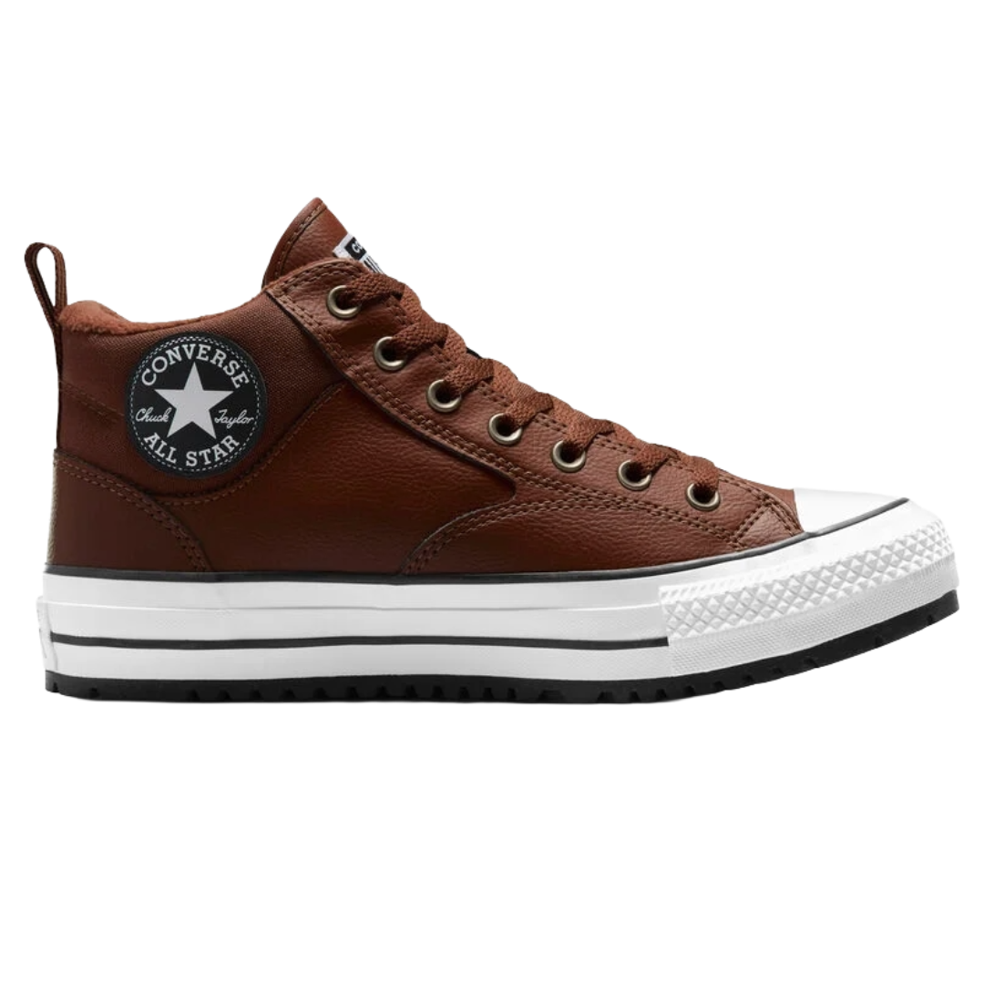 Brown leather Converse Chuck Taylor All Star high-top sneaker with a white rubber sole, black stripe, and the classic All Star patch on the side.