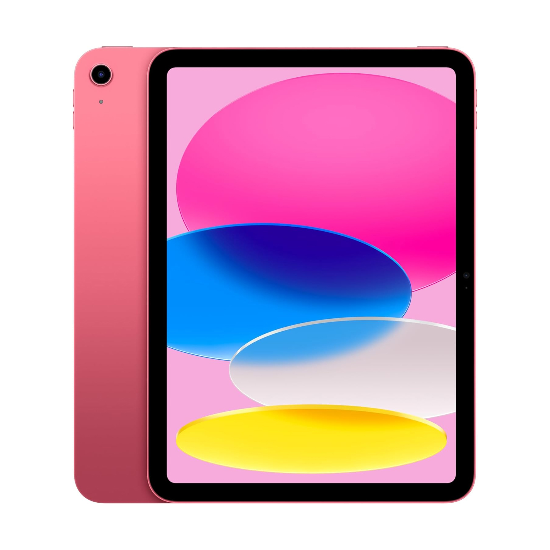 A pink tablet with a rear camera and a screen displaying colorful overlapping ovals in pink, blue, and yellow tones.