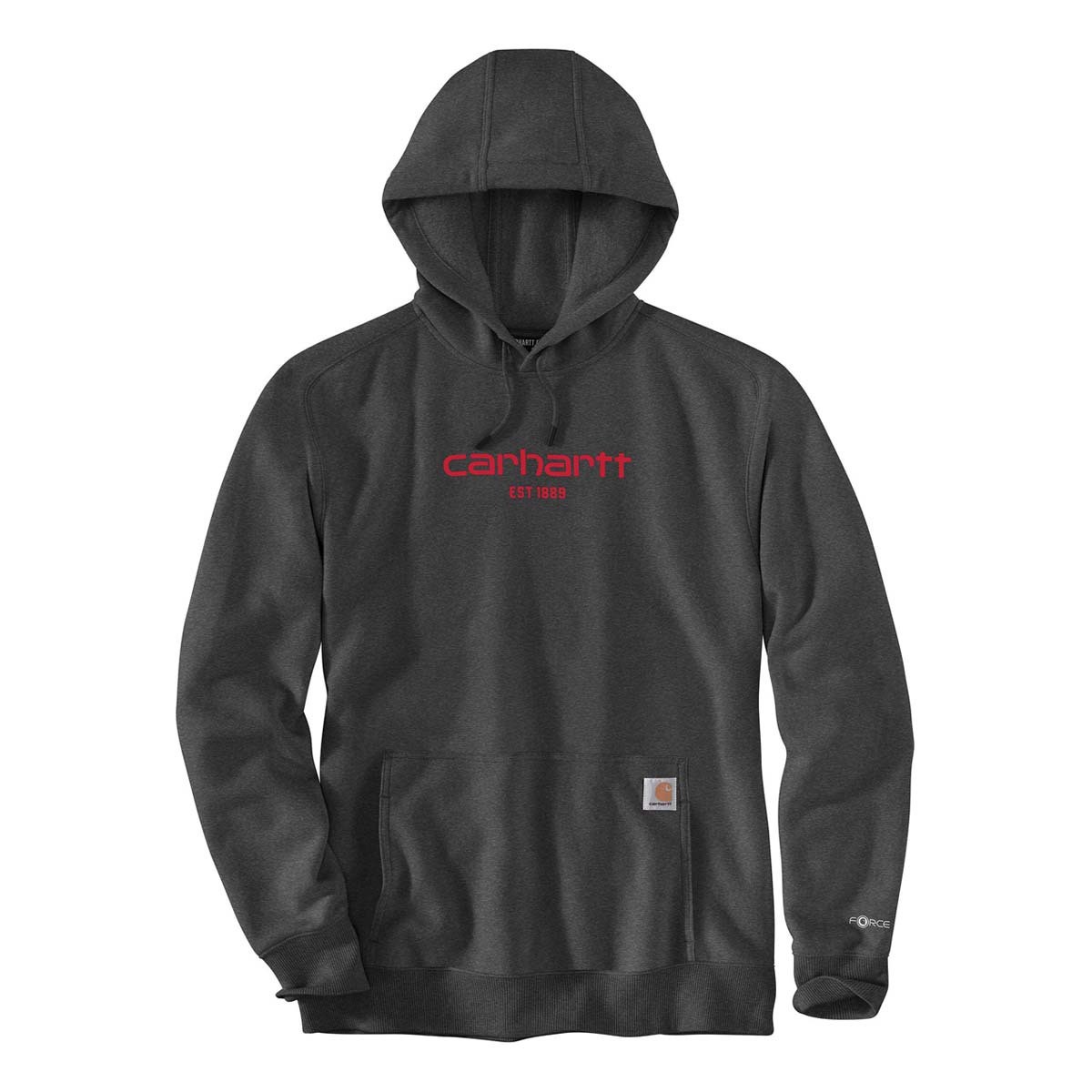 Dark gray Carhartt hoodie with a red logo reading \“carhartt EST 1889\“ on the chest, featuring a front kangaroo pocket, hood with drawstrings, and a small Carhartt logo tag on the pocket.