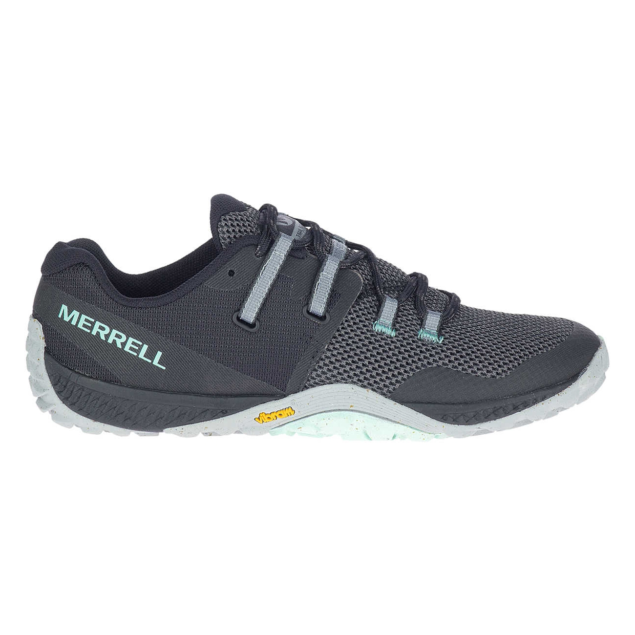Merrell athletic shoe in dark grey with a mesh design, featuring Vibram soles and turquoise accents on the side logo and stitching.