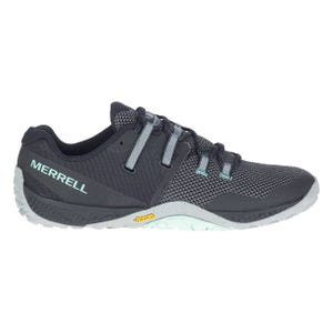Merrell athletic shoe in dark grey with a mesh design, featuring Vibram soles and turquoise accents on the side logo and stitching.