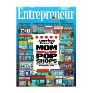 Cover of Entrepreneur magazine featuring \“America's Favorite Mom and Pop Shops\“ with a colorful illustration of various small businesses like a café, bookstore, and more.