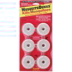 Mosquito Dunks kill mosquito larvae for 30 days or more, using biological control. They're designed for use in standing water around homes, such as flower pots, tree holes, and unused swimming pools.