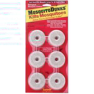 Mosquito Dunks kill mosquito larvae for 30 days or more, using biological control. They're designed for use in standing water around homes, such as flower pots, tree holes, and unused swimming pools.