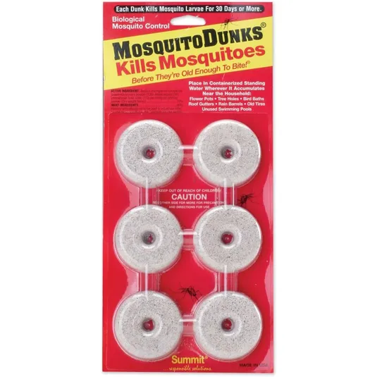 Mosquito Dunks kill mosquito larvae for 30 days or more, using biological control. They're designed for use in standing water around homes, such as flower pots, tree holes, and unused swimming pools.