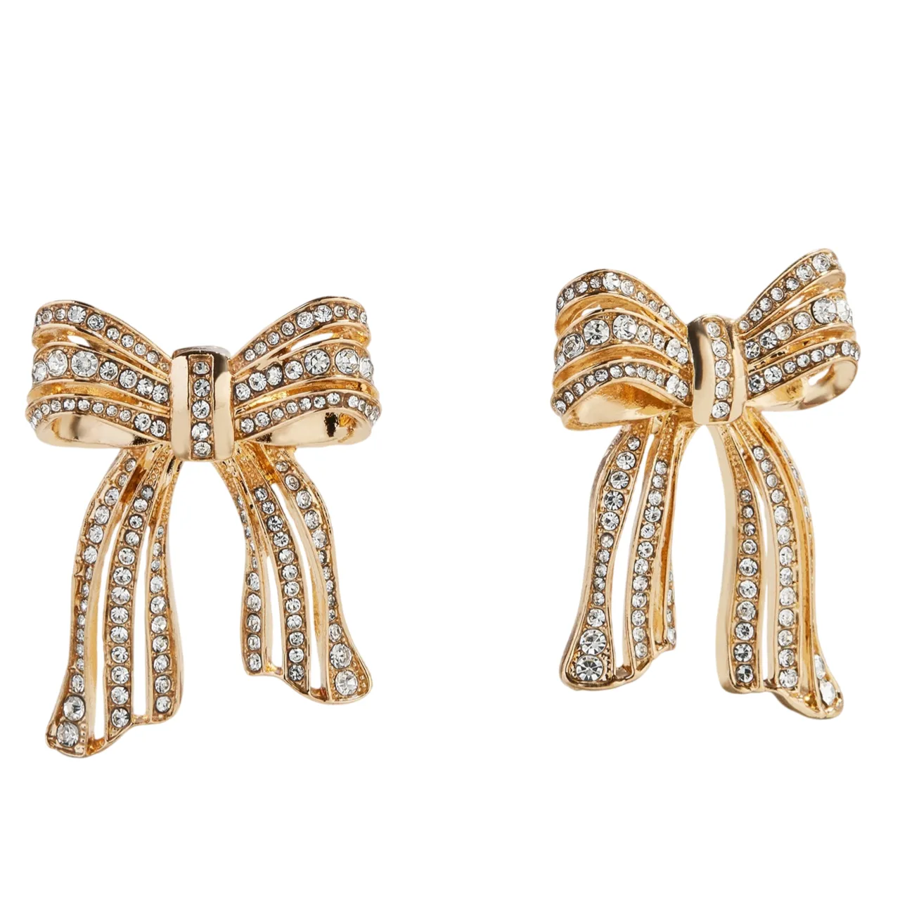 Gold-tone earrings shaped like bows, adorned with rows of sparkling rhinestones.