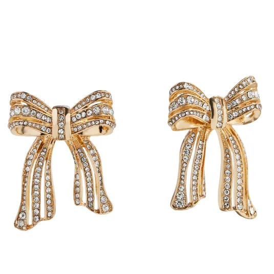 Gold-tone earrings shaped like bows, adorned with rows of sparkling rhinestones.