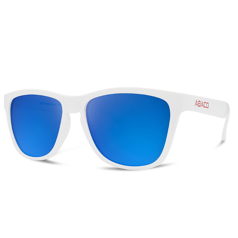 White sunglasses with blue polarized lenses and a red \“ABACO\“ logo on the side.
