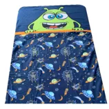 A children's blanket featuring a cheerful green alien on a blue background, with patterns of planets, stars, rockets, and UFOs.