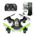 Sky Viper Dash Nano Drone, featuring a compact design with green and black propellers, a remote control with buttons for takeoff and landing, and packaging box.