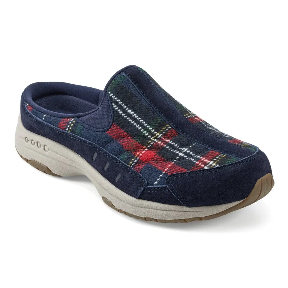 Slip-on shoe featuring a navy blue and red plaid pattern with a cushioned sole and suede accents, designed for comfort and casual wear.