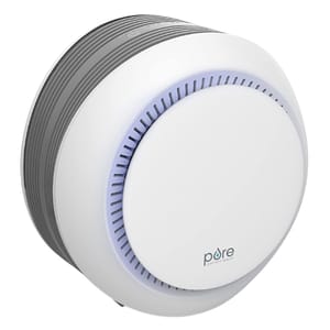 A white and gray air purifier by Pure Enrichment with a circular design and ventilation slats around the edges.